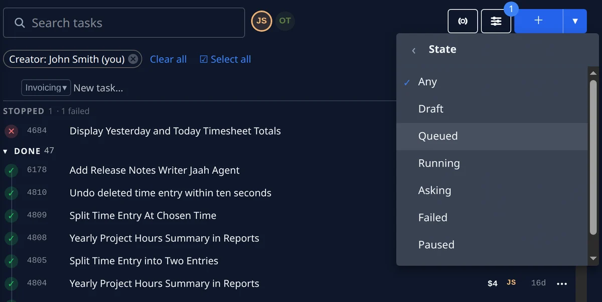 The task board filtered to one person’s tasks, with the Clear all and Select all chips, the one-line new-task row naming its project, a failed task under Stopped and the finished ones under Done, and the State filter open: any, draft, queued, running, asking, failed, paused.