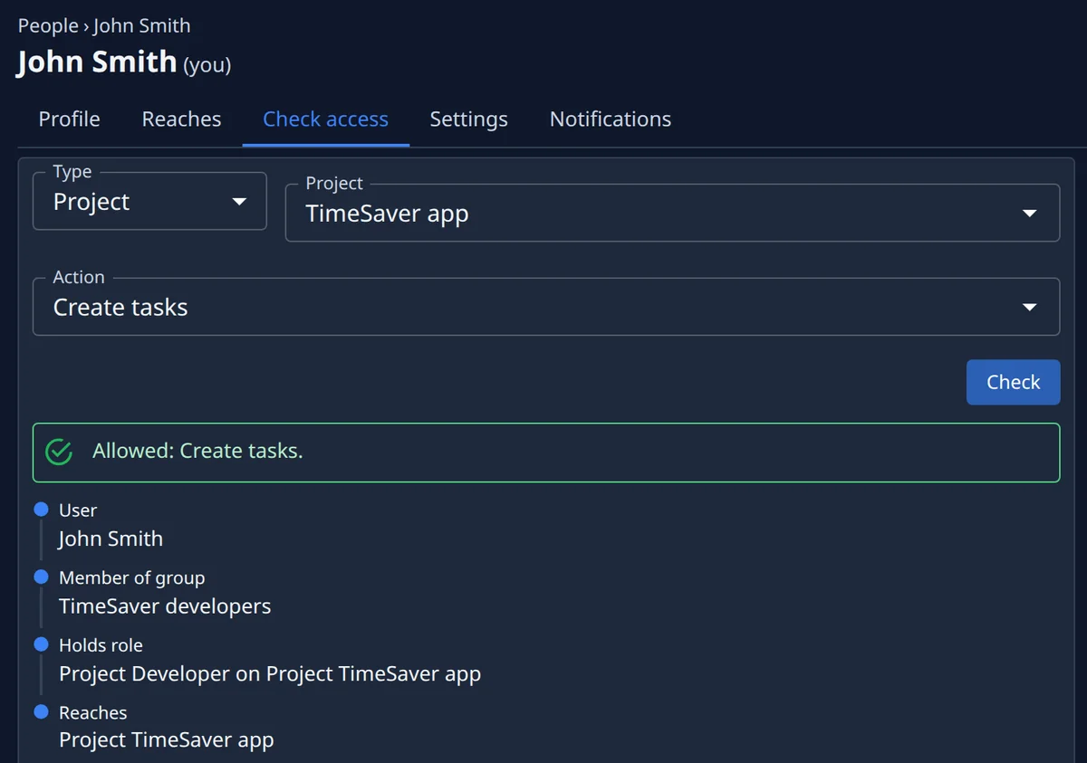 Check access on a person’s page: may John Smith create tasks on the TimeSaver app project? Allowed — he is a member of the developers group, which holds Project Developer on that project.