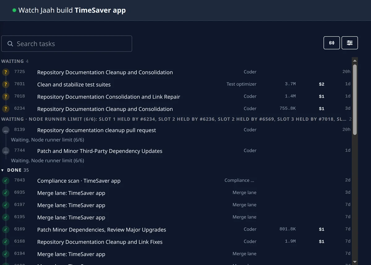 A project’s public Live Cast page, open without an account: the TimeSaver app’s tasks waiting on a question or on a free runner and the finished ones, each with its persona, tokens, cost and age.
