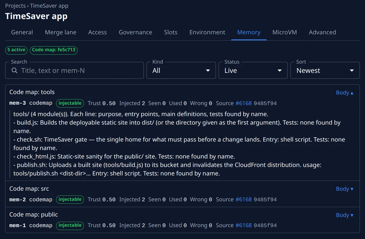 A project’s Memory tab: code maps, each with how many tasks were given, saw and used it, the first opened in full.