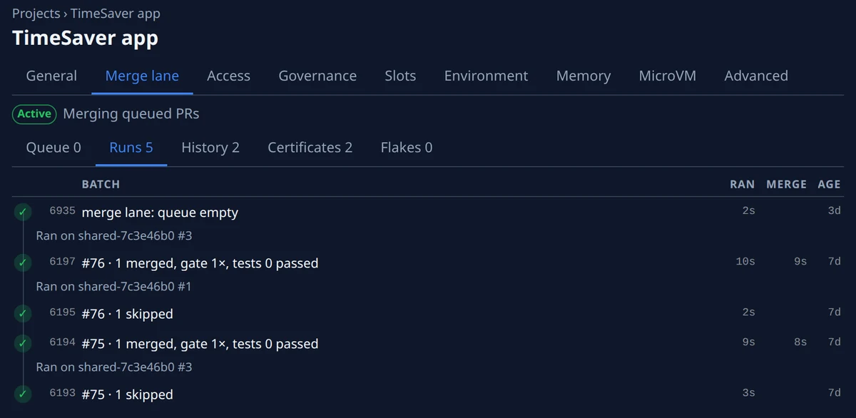 A project’s Merge lane tab, active: its runs, each batch merged or skipped, with how long it ran and where.