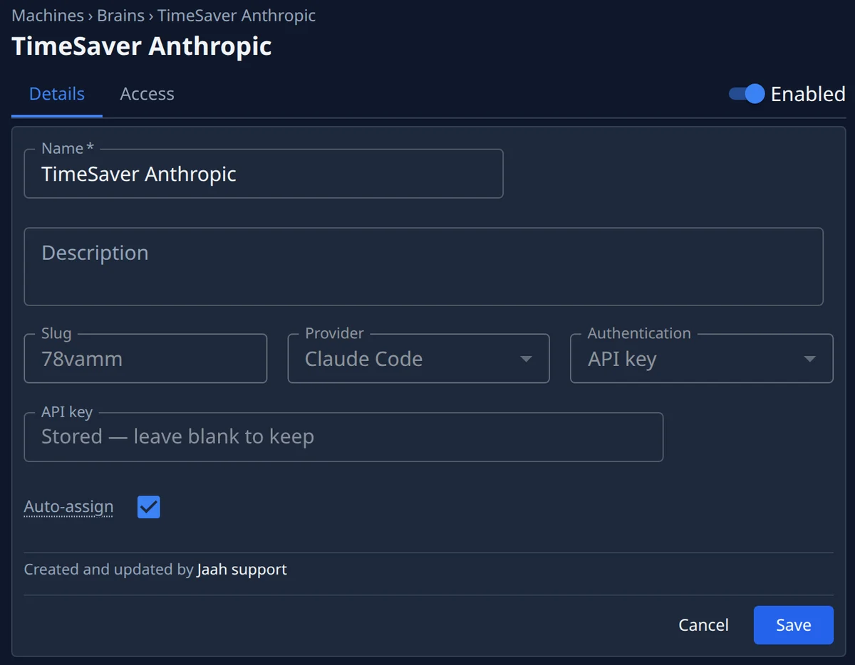 A model account’s details on the Brains tab: TimeSaver’s Anthropic account, enabled, its provider Claude Code, signed in with a stored API key, and set to auto-assign.