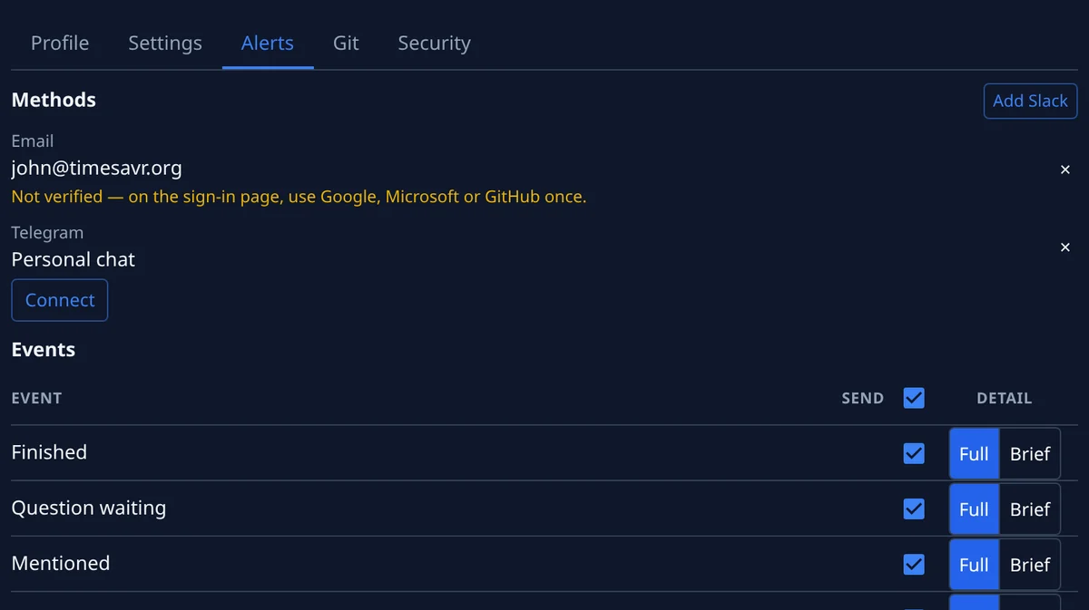 A person’s Alerts settings with email and Telegram as methods, the Telegram chat ready to connect, above the events they carry, each in full or brief.