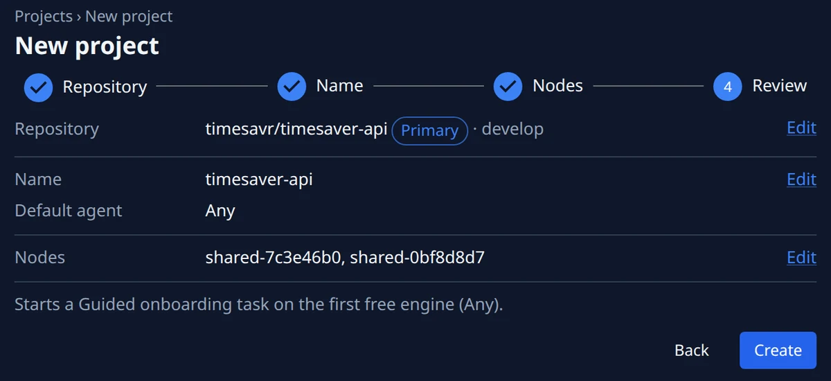 A new project’s last step: its primary repository and branch, its name, its nodes, and the guided onboarding task it starts.
