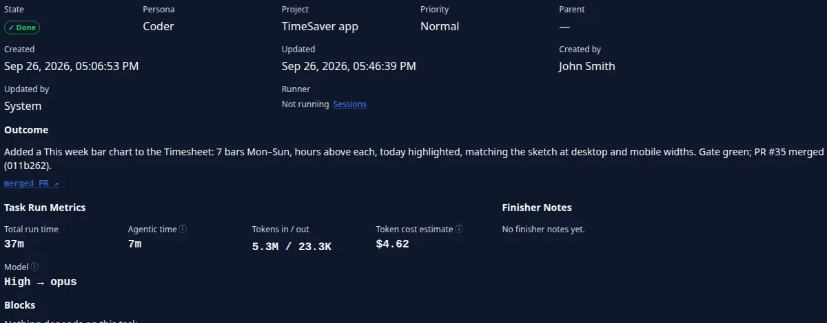 A finished task’s record: who created it, its outcome, the merged pull request, run time and token cost.