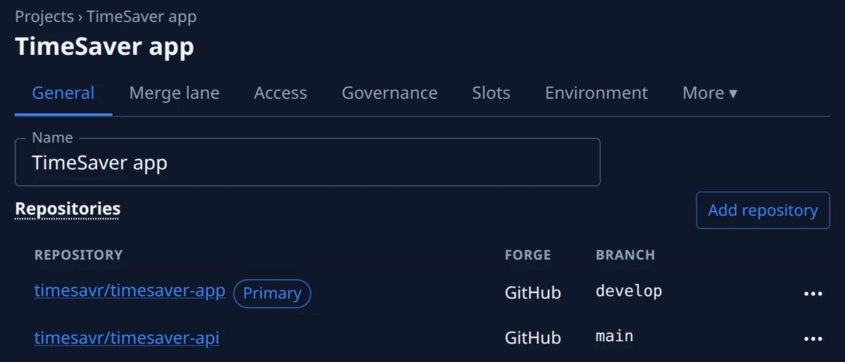 A project’s Repositories table: two GitHub repositories, the first marked Primary, each with its branch.