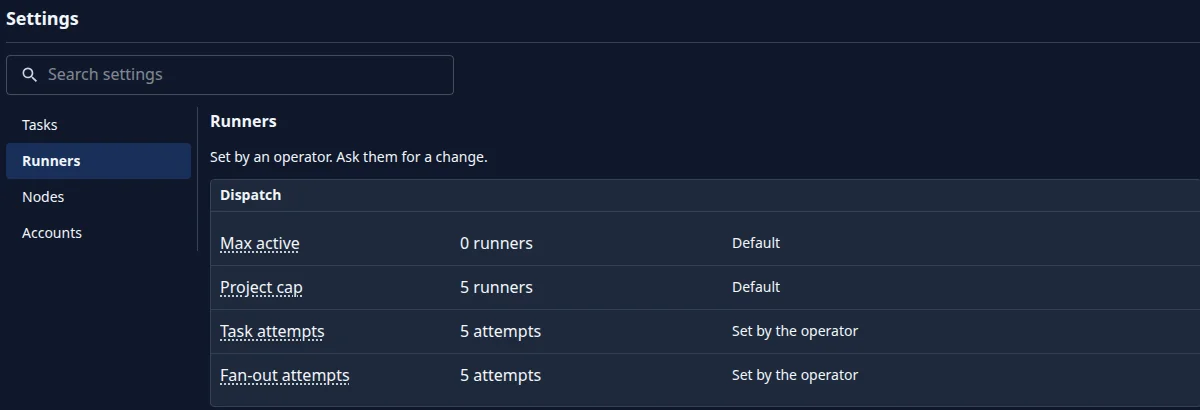 An organisation’s runner settings: the cap on active runners, the cap per project, how many times a task may be dispatched, and how many times an epic’s fan-out may fail — each marked default or set by the operator.